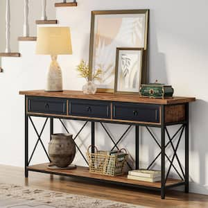 Turrella 70.8 in. Brown and Black Rectangle MDF Sofa Console Table with 3-Drawers and Shelf for Entryway