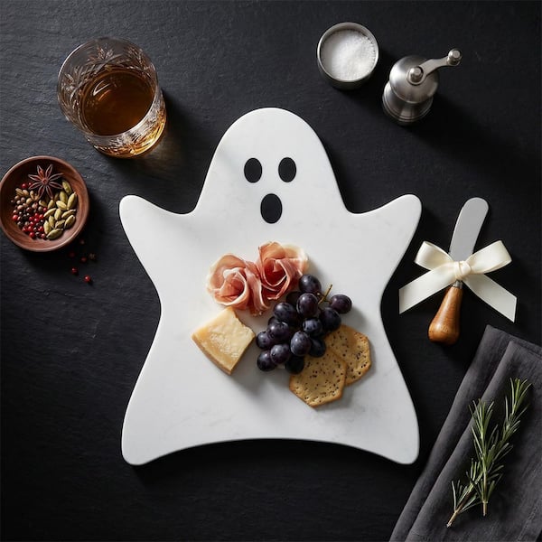 11.8 in. Ghost White Marble Cheese Serving Board with Spreader Knife for Halloween