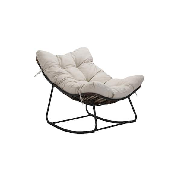 Unbranded Deep Gray Indoor/Outdoor Metal Outdoor Rocking Chair Rattan Rope Club Chairs with Beige Cushions