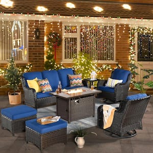 Joyoung Brown 7-Piece Wicker Patio Rectangle Fire Pit Conversation Set with Navy Blue Cushions and Swivel Chairs