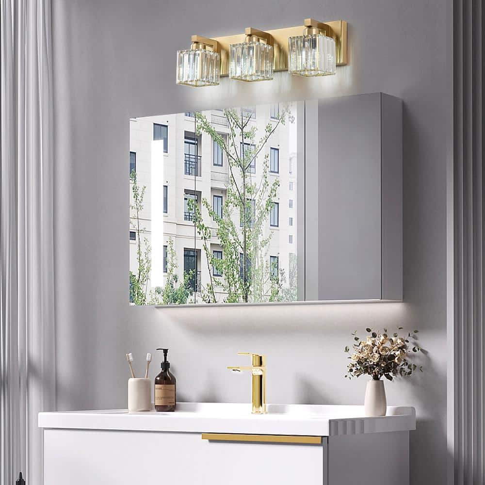 Gold Crystal 3-Light Bathroom Vanity Fixture with Square Shades