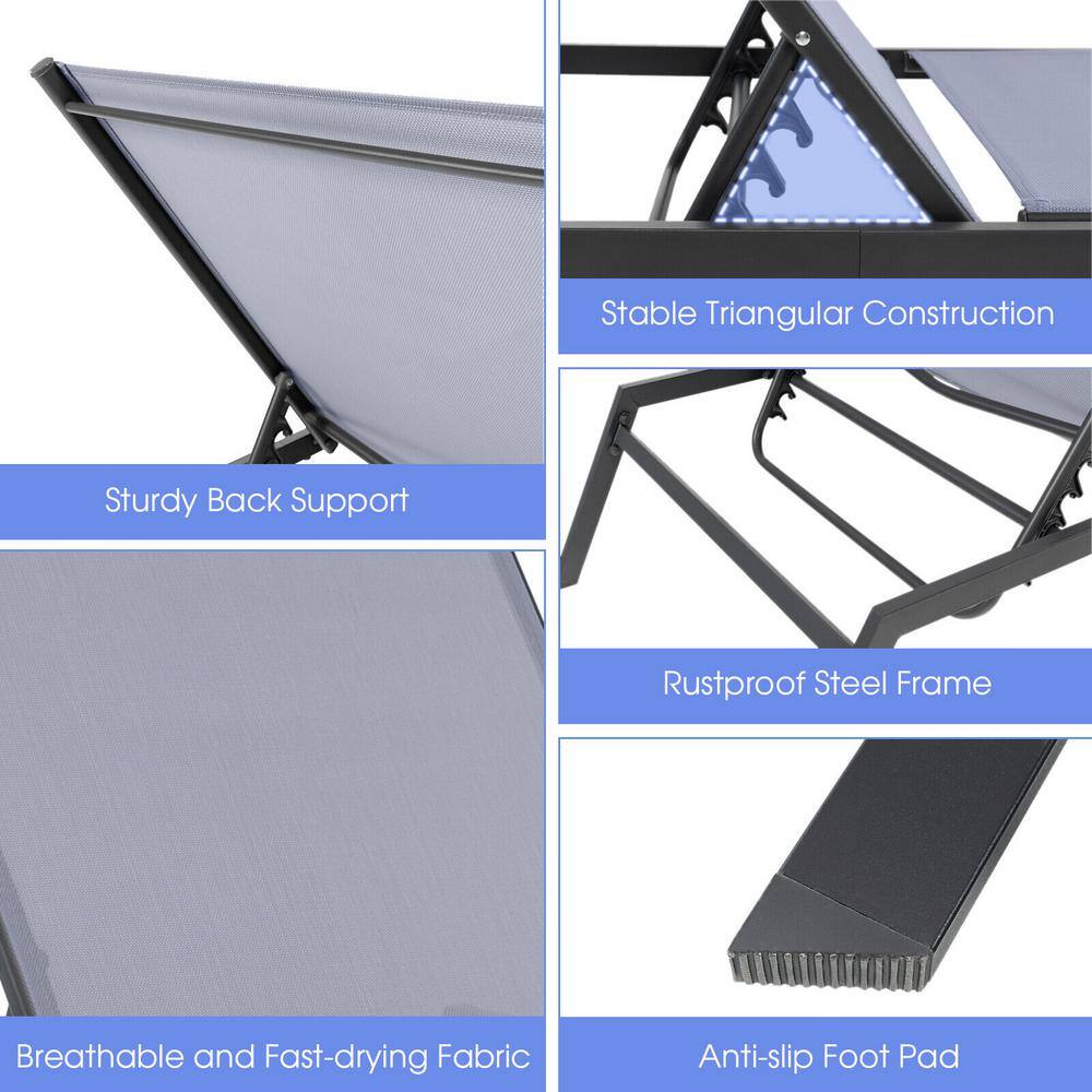 Gray Steel Outdoor Adjustable Lounge Chair with Armrests