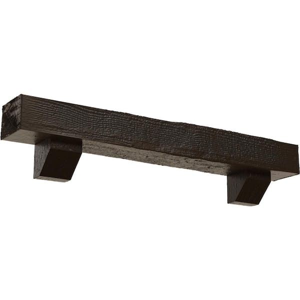 Ekena Millwork 4 in. x 4 in. x 3 ft. Rough Sawn Faux Wood Fireplace Mantel Kit, Ashford Corbels, Burnished Mahogany