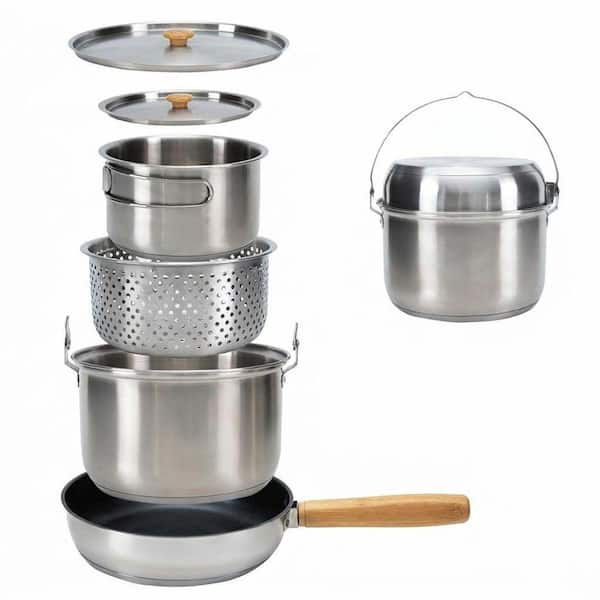 5-Piece Stainless Steel Nonstick Cookware Set in Silver for Camping Outdoor Kitchen Cooking Picnic Travel