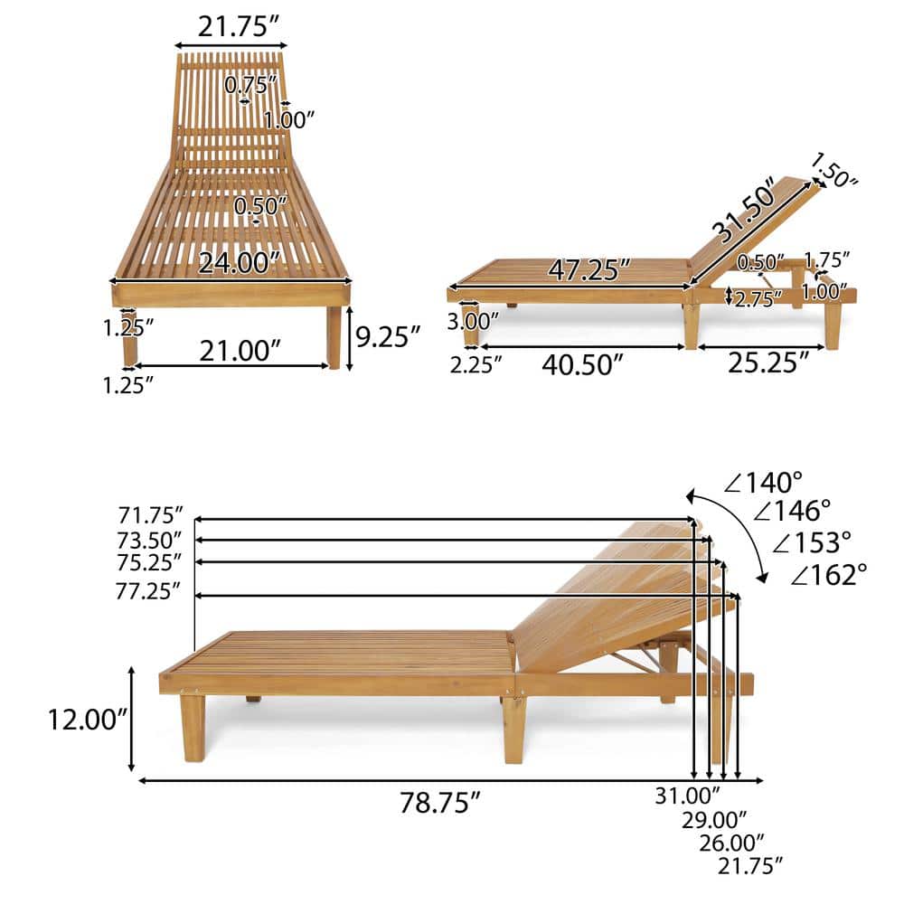 Teak Brown Acacia Wood 3-Piece Outdoor Chaise Lounge Set