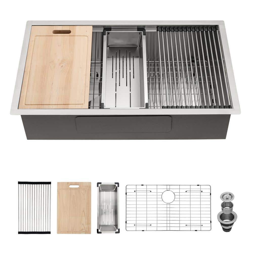 Brushed Nickel Stainless Steel 33 in. x 19 in. Single Bowl Undermount Kitchen Sink with Bottom Grid