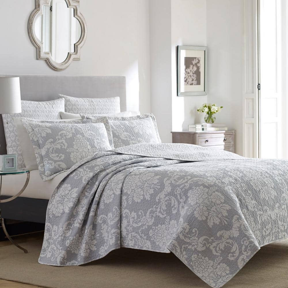 LAURA ASHLEYアメリ ガーゼタオルケット 140x190cm Laura Ashley Venetia 2-Piece Gray Floral Cotton Twin Quilt Set