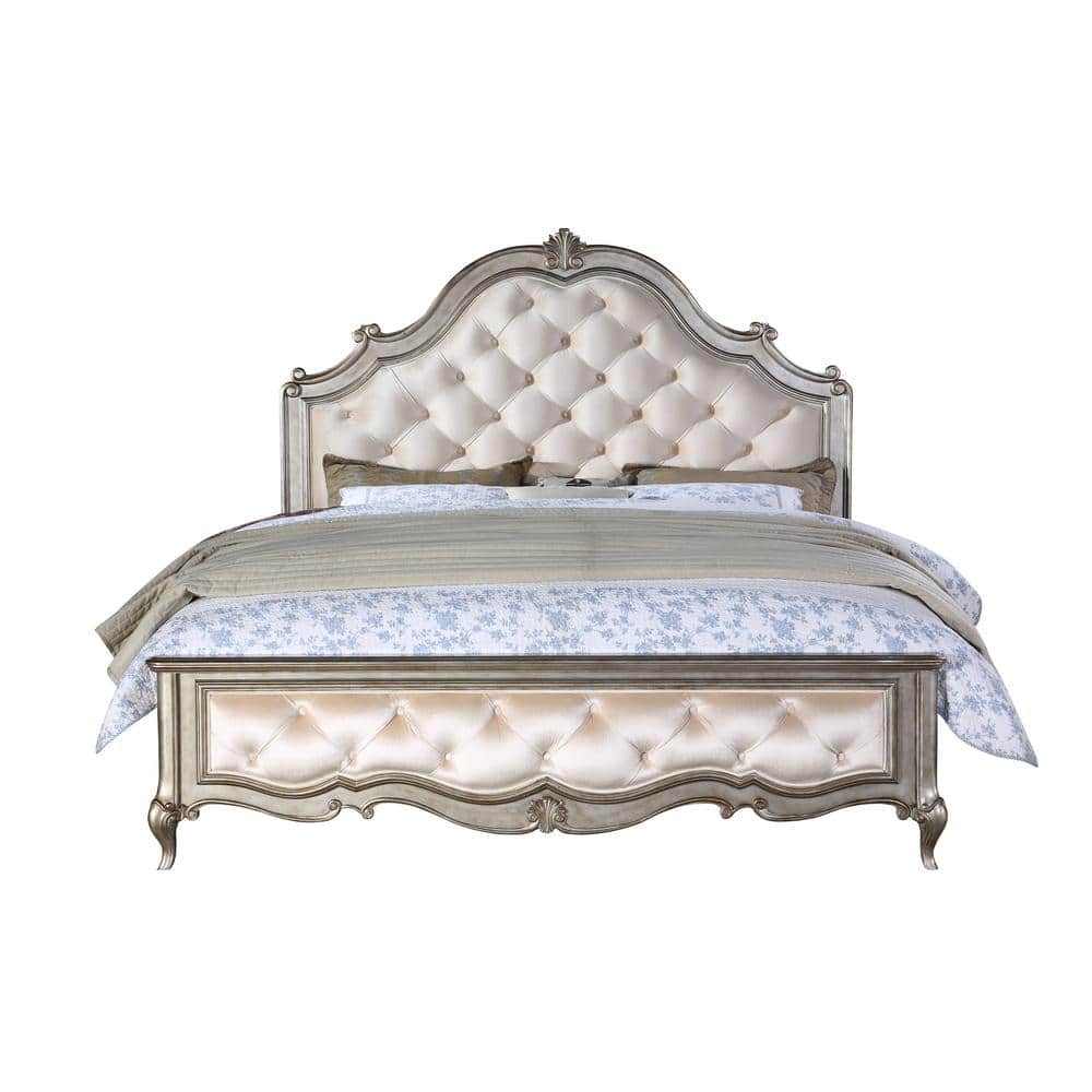 Ivory Velvet Queen Bed with Tufted Upholstered Headboard