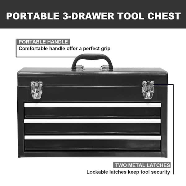Big Red 3 Drawer 20“ Metal Tool Box Portable Steel Tool Chest with Metal Latch Closure for Garage, Home and Workbench,Black,ANTBD133-XT