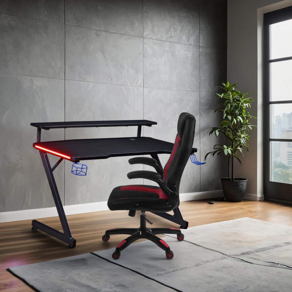 AON 48 in Carbon Fiber Black LED Gaming Computer Desk with Riser