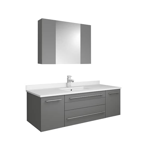 Fresca Lucera 48 in. W Wall Hung Vanity in Gray with Quartz Stone Vanity Top in White with White Basin and Medicine Cabinet
