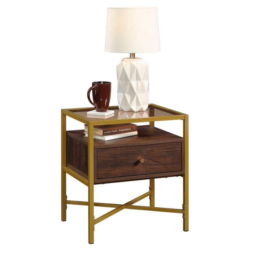 Harper Heights Luxe Walnut Side Table with Glass Top and Storage