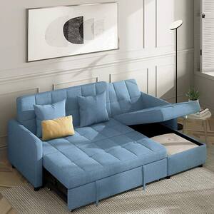 81.9 in. W Blue Cotton Queen Size 4-Seats Reversible Pull out Sleeper Sectional Storage Sofa Bed