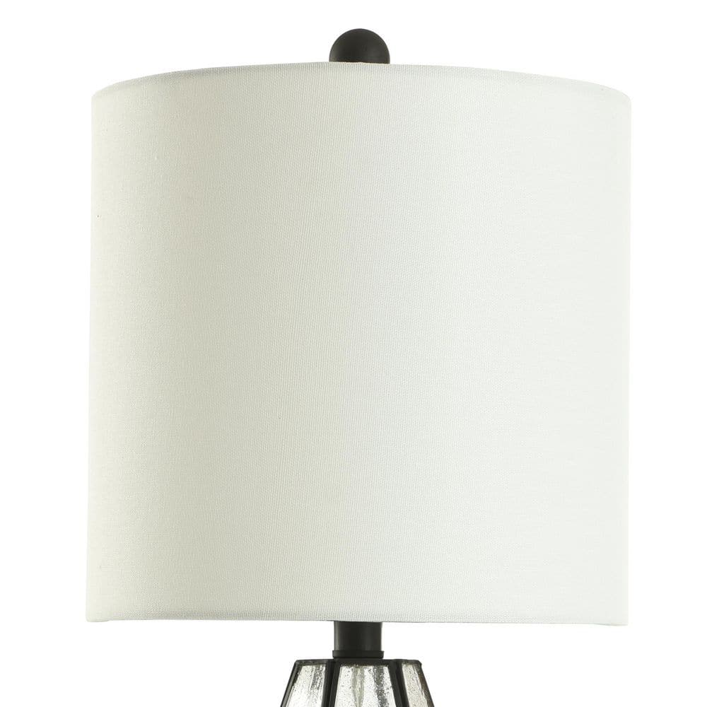 Aged Bronze Geometric Nightstand Lamp with White Barrel Shade