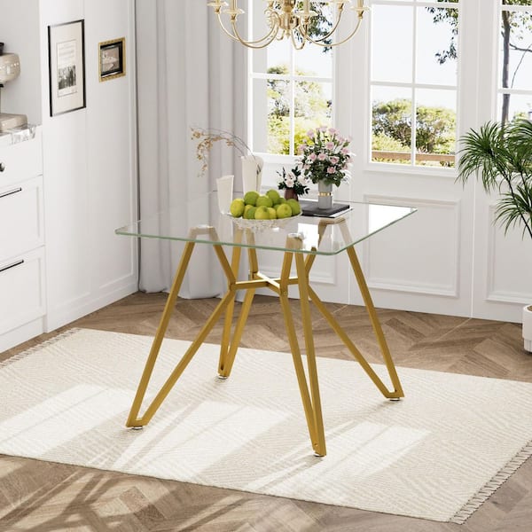 Gold Tempered Glass 35.4 in. W with Gold Metal 4 Legs Base Dining Table, Kitchen & Living Room Table for 3-4 People