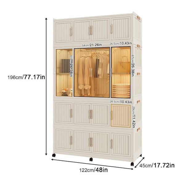 77.17 in. H x 48.03 in. W x 17.72 in. D White Portable Closet Storage Organizer with Magnetic Doors, Hanging Rod