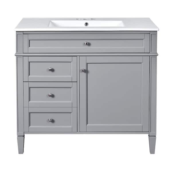 Virubi 36 in. W x 18 in. D x 33 in. H Single Sink Bath Vanity in Gray with White Creamic Top, Tip-out Drawer, Adjustable Shelf