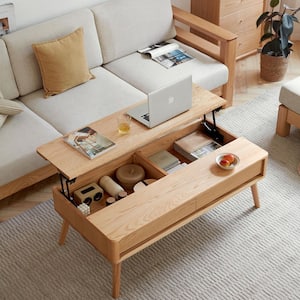 39.37 in. Natural Rectangle 100% Oak Wood Top Coffee Table with Lift-Up Shelf, 2 Drawers, 2 Hidden Storage Compartments