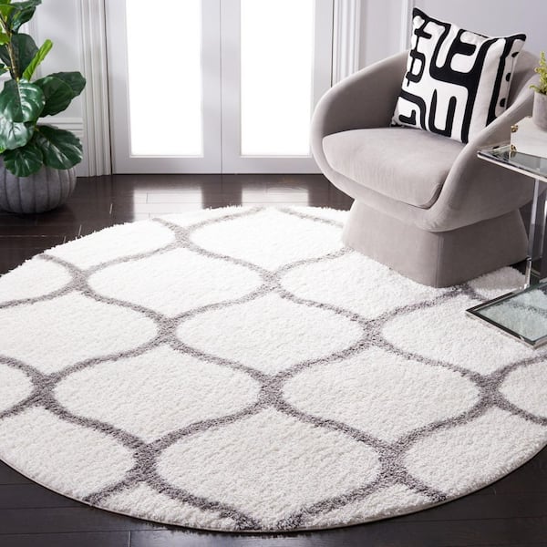 Tahoe Shag 7 ft. x 7 ft. White/Gray Trellis Modern Round Area Rug
