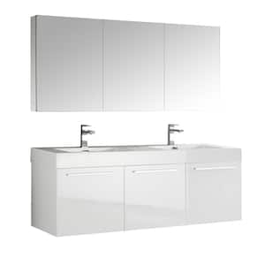 Vista 59 in. Vanity in White with Acrylic Vanity Top in White with White Basins and Mirrored Medicine Cabinet