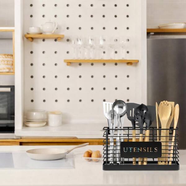 Matte Black Metal Kitchen Utensil Holder with Diatomaceous Earth Base and 3 Compartments Quick-Drying Organizer