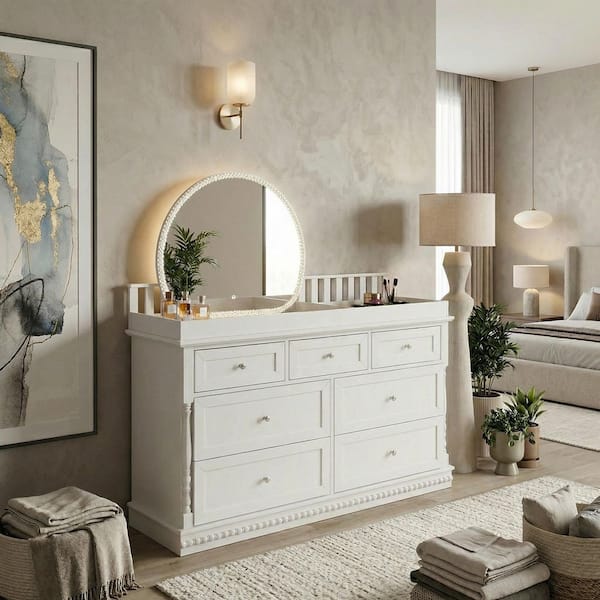 FUFU&GAGA 2-Piece White Makeup Vanity Table with 3-Color LED Mirror, 7  Drawers, Guardrail Top and Classic Panel Design ZN-330164-01+8 - The Home  Depot