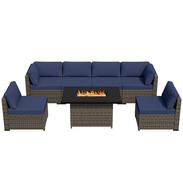 7-Piece Wicker Patio Fire Pit Sectional Seating Conversation Set with Blue Cushions