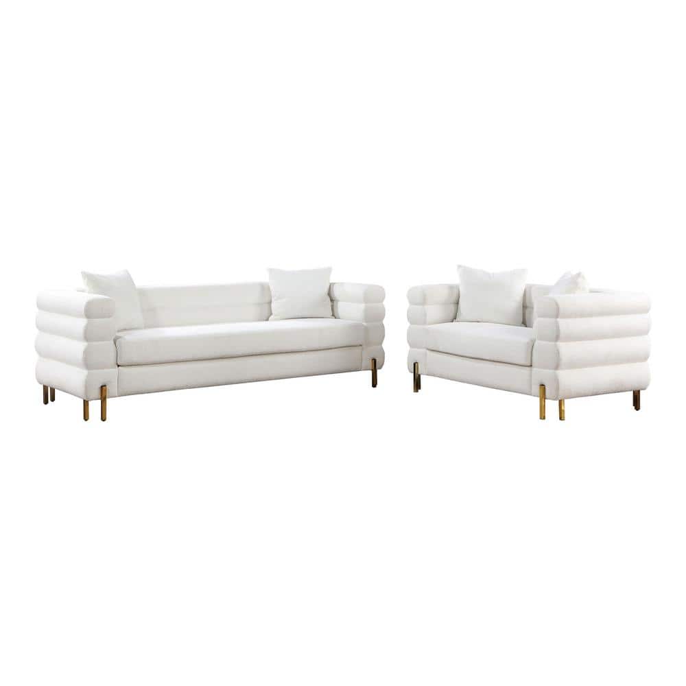 Luxurious White Boucle Fabric Sofa and Loveseat Set with Gold Legs