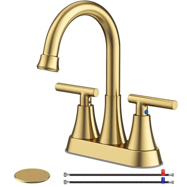 1-Set 4 in. Bathroom Faucets for Sink with 2 Handle, 3 Hole, Pop-up Drain and 2 Supply Hoses, Gold
