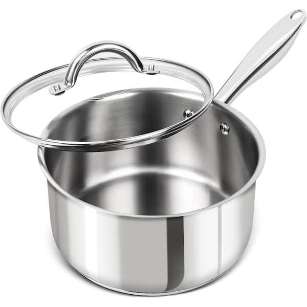 3 Quart Stainless Steel Saucepan with Lid Tri-Ply Bottom Induction Compatible Clear Glass Lid Drip-Free Pouring