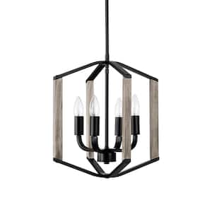Miner 14 in. 4-Light Indoor Matte Black and Faux Wood Grain Finish Chandelier with Light Kit