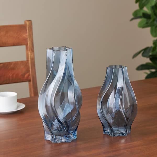 Litton Lane Blue Wavy Ombre Glass Decorative Vase Set of 2