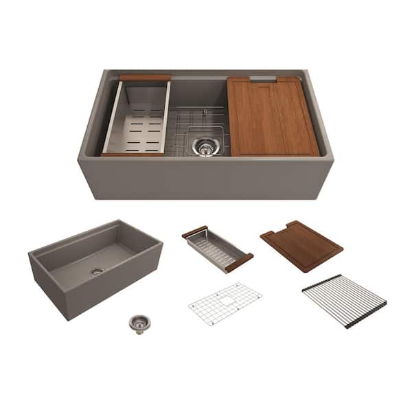 BOCCHI Step-Rim Matte Gray Fireclay 33 in. Single Bowl Farmhouse Apron Front Workstation Kitchen Sink with Accessories