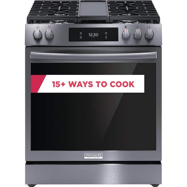 FRIGIDAIRE GALLERY 30 in. 6 cu. ft. 5 Burner Slide-In Gas Range with Total  Convection and Air Fry in Smudge Proof Black Stainless Steel GCFG3060BD -  The Home Depot