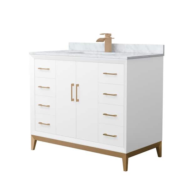 Wyndham Collection Amici 42 in. W x 22 in. D x 35.25 in. H Single Bath Vanity in White with Satin Bronze Trim with White Carrara Marble Top