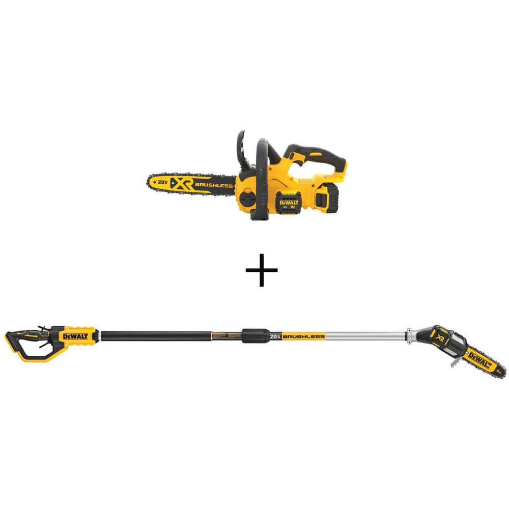 DEWALT 20V MAX Lithium Ion Battery Brushless 12 in. Chainsaw w 1 5 Ah Battery Charger and 8 in. 20V Pole Saw Tool Only DCCS620P1WS620B The Home Depot