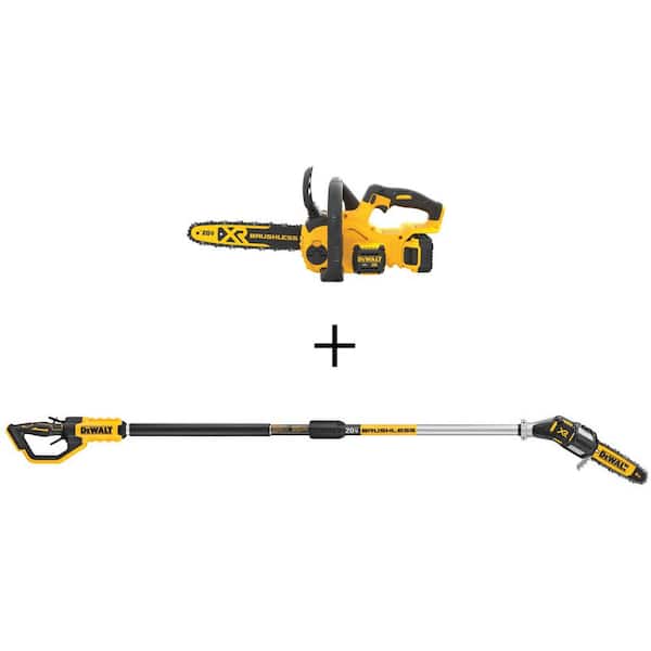 DEWALT 20V MAX Lithium-Ion Battery Brushless 12 in. Chainsaw w/(1) 5 Ah Battery, Charger and 8 in. 20V Pole Saw (Tool Only)