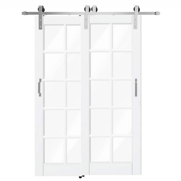 60 in. x 80 in. 10-Lite Clear Glass White Primed Pine Wood Bypass Barn Door Slab with Nickel-plated Hardware Kit Set