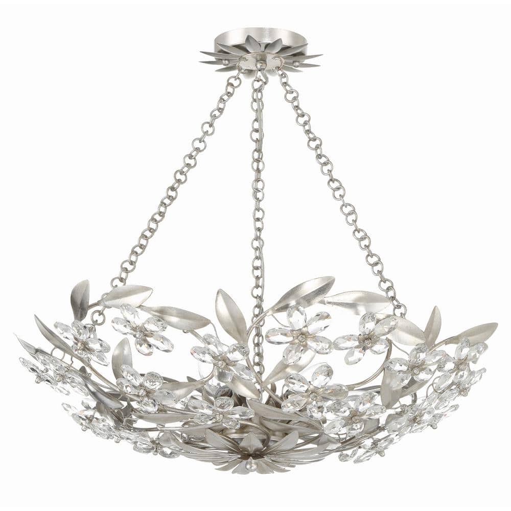 Antique Silver Crystal 6-Light Floral Chandelier