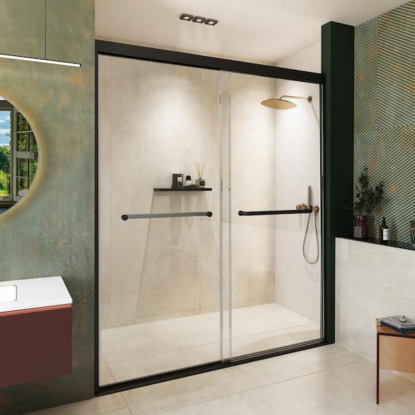54 in. W x 72 in. H Sliding Framed Shower Door in Matte Black with 1/4 in. Tempered Clear Glass