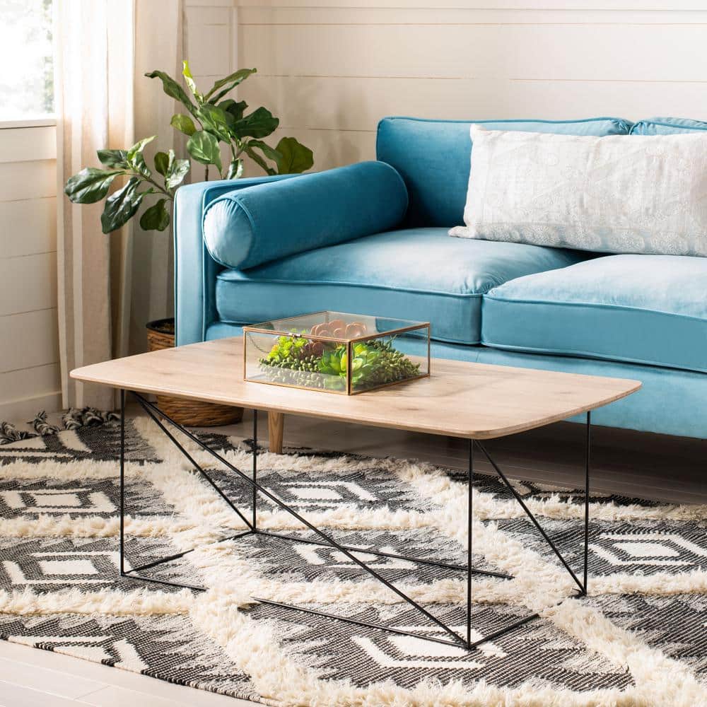 Transitional Taupe and Black Rectangular Coffee Table with Iron Legs