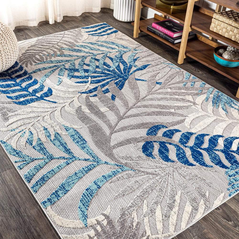 Gray and Blue Synthetic Palm Leaves 3' x 5' Area Rug