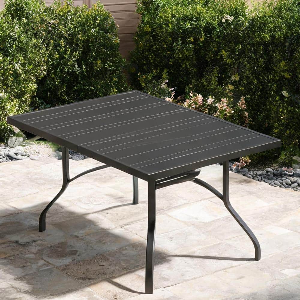 60-Inch Rectangular Metal Outdoor Dining Table in Matte Black with Umbrella Hole Seats 4
