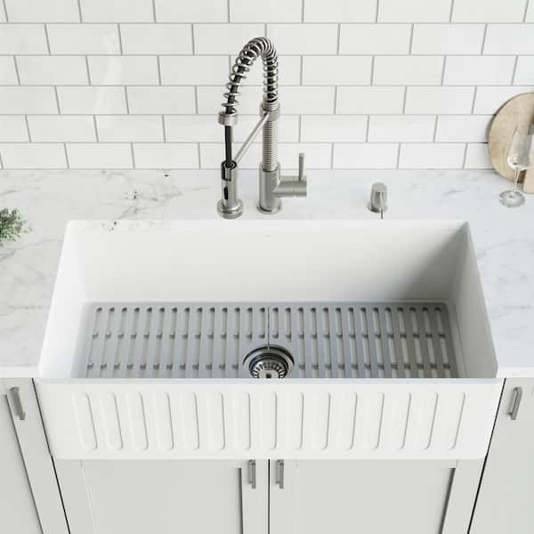 MatteStone™ Collection 30'' W or 36'' x 18'' D All-In-One Reversible White  Single-Basin Standard Undermount Casement Apron Front Kitchen Sink Set with  Multiple Kitchen Faucet, Soap Dispenser, and Grid Options by Vigo