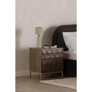 Meadow, Grey, 2-Drawers, 20 in. W Nightstand, Solid Mango Wood and Natural Brass Finish