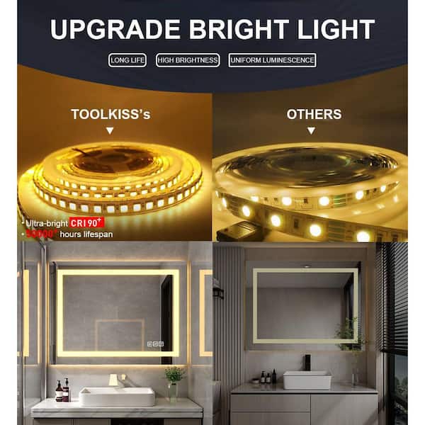 Classic 40 in. W x 24 in. H Rectangular Frameless Anti-Fog LED Light Wall  Bathroom Vanity Mirror Front Light