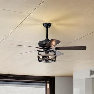 52 in. Indoor Black Industrial Ceiling Fan with Light and Remote Control, No Bulb