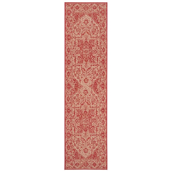 Linden Red/Creme 2 ft. x 10 ft. Floral Medallion Border Indoor/Outdoor Runner Rug