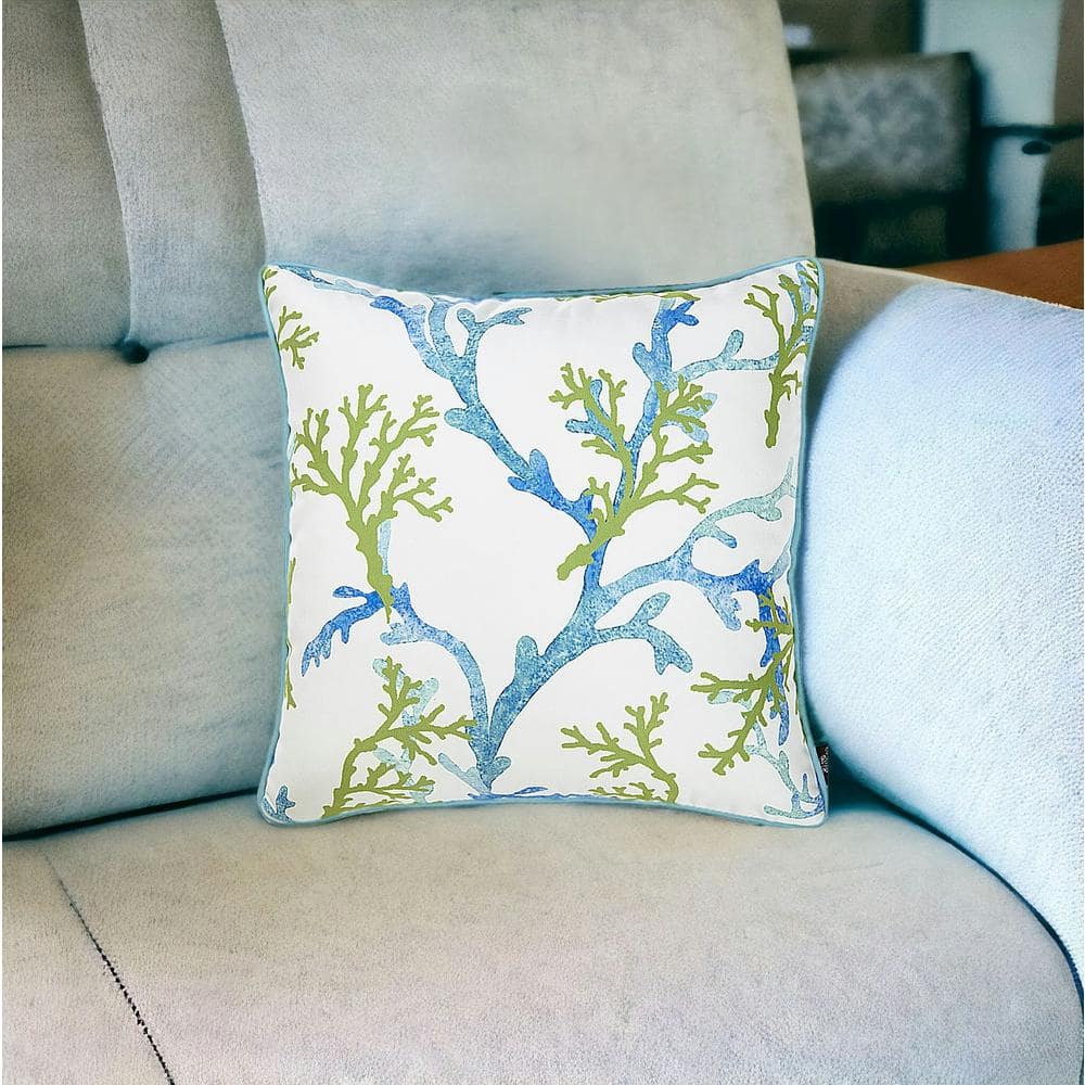 18" White Blue and Green Coral Decorative Throw Pillow Cover