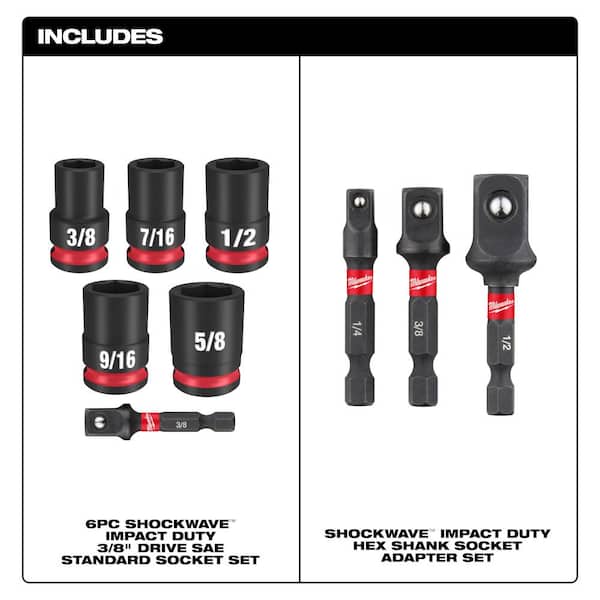 SHOCKWAVE 1/4 in. Hex Shank Socket Adapter Set & 3/8 in. Drive SAE Standard 6-Point Impact Socket Set (9-Pc)